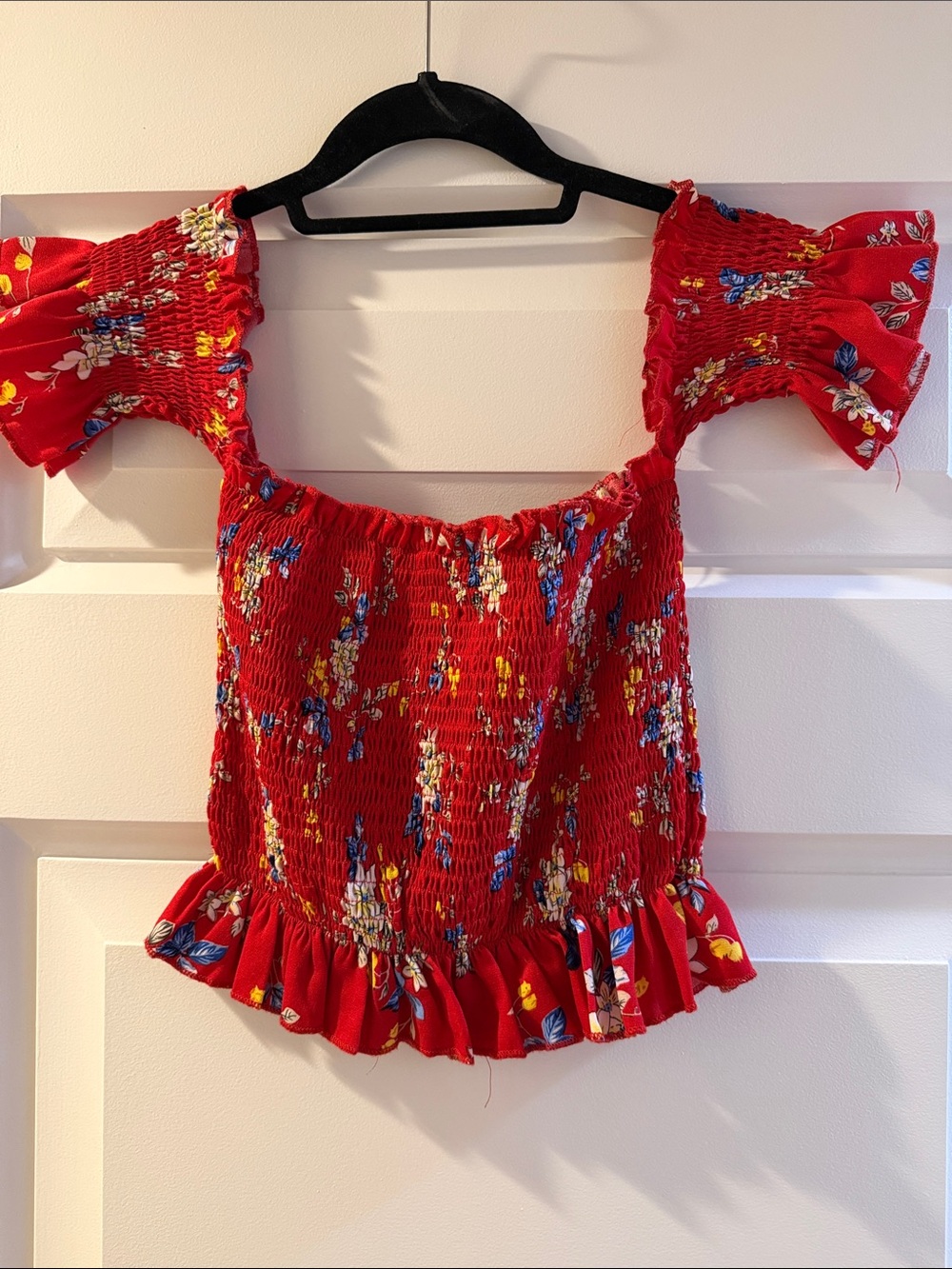 Red Floral Smocked Off-Shoulder Crop Top